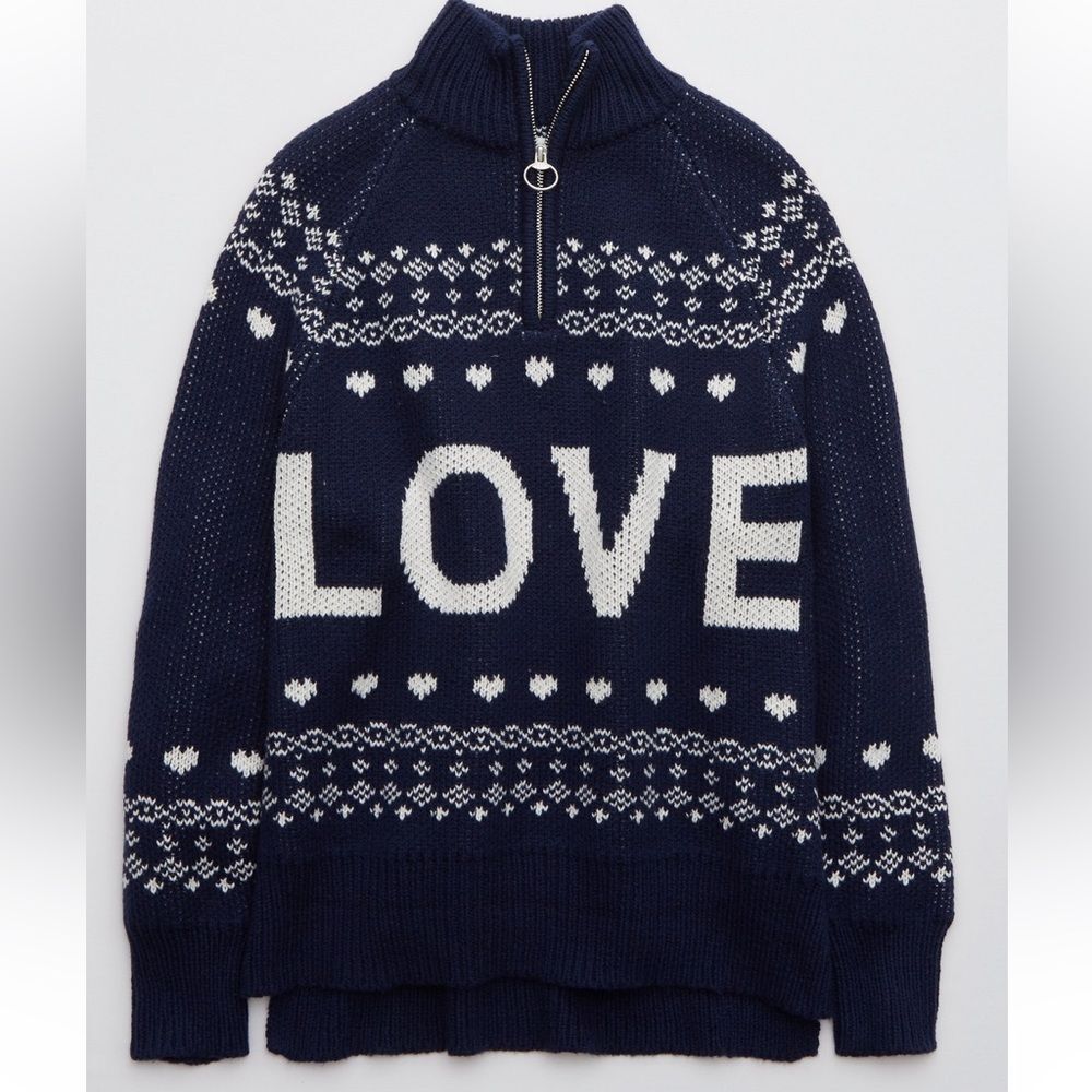Aerie Festive Feels Quarter Zip Sweater Blue LOVE Cozy Cabin Isle Knit Pullover - Picture 2 of 9